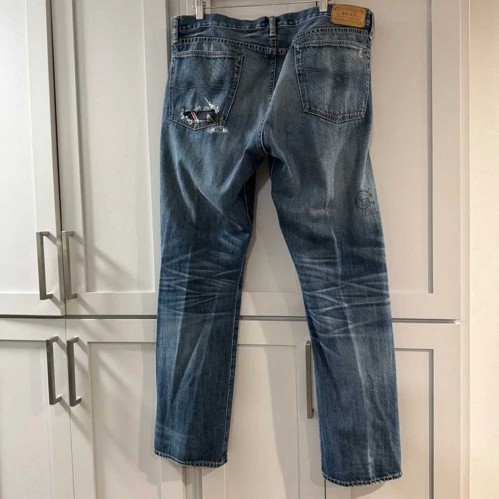 Polo Ralph‎ Lauren Men's Distressed Patchwork Jeans Button Fly Blue Size 36x32